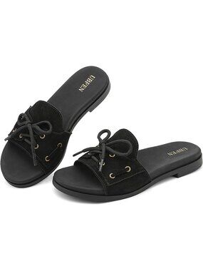 Women Black Comfortable Faux Suede Upper Slide Slip-On Casual Flat Sandal Shoes